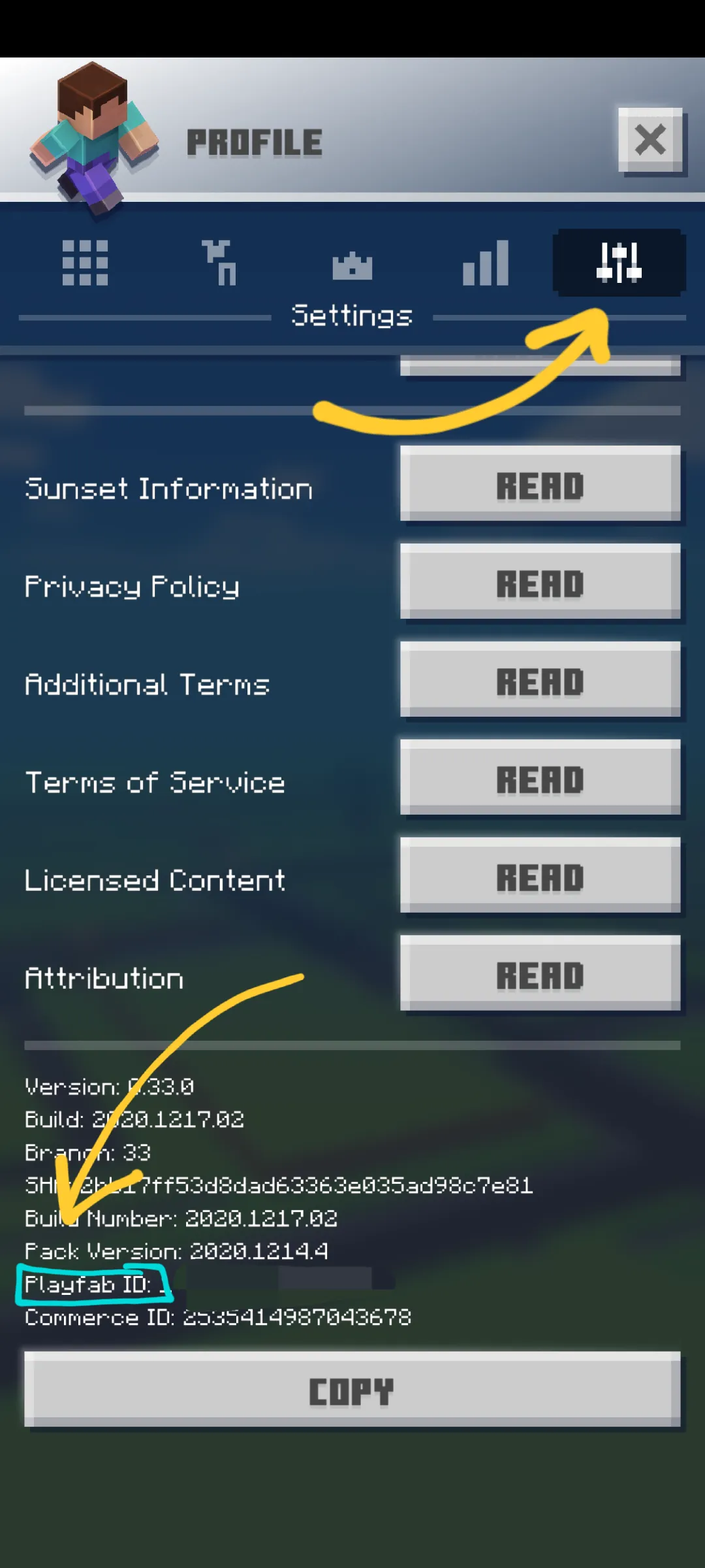 2, showing where the Playfab ID can be found in Minecraft Earth